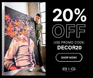 Promotional creative featuring a large wall art piece and discount